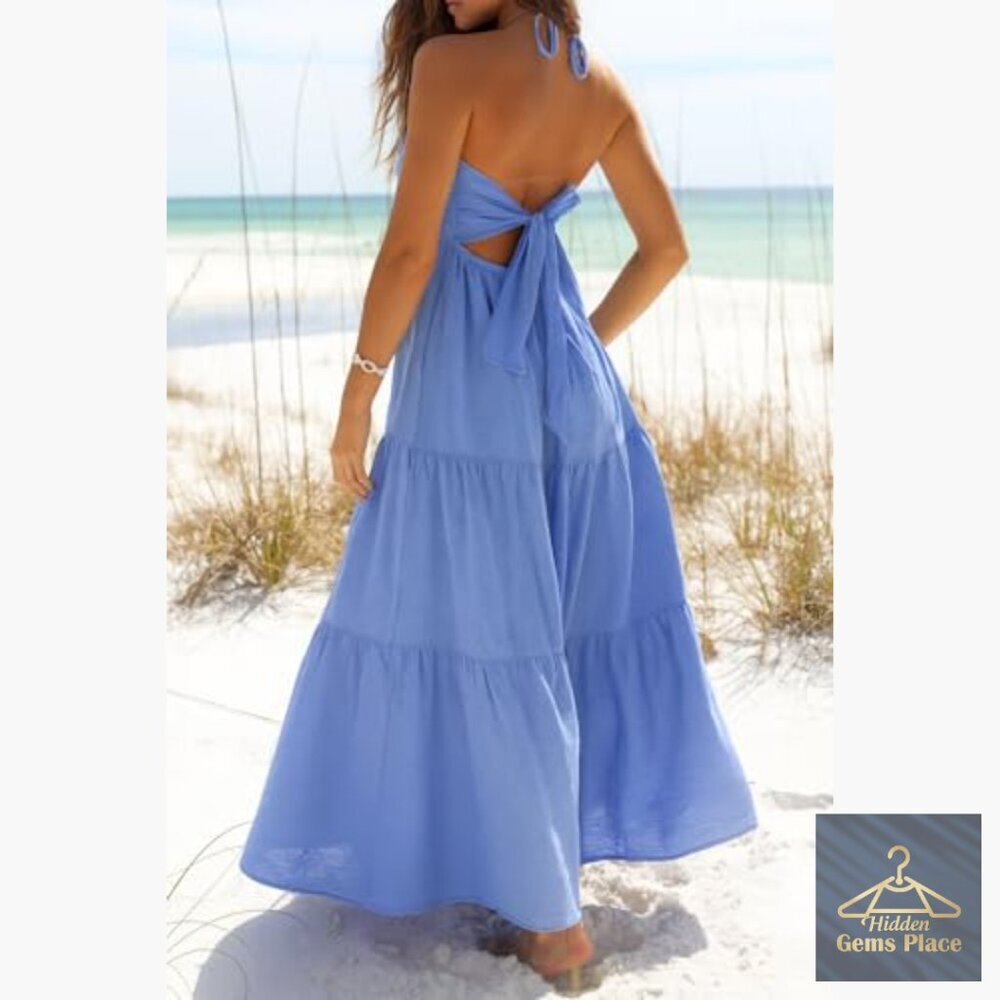Cotton Maxi Dress with Pockets, Halter Neck, Backless, High Waist - Picture 4 of 5